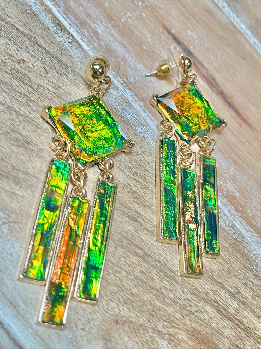 Gold-Tone Iridescent Green Dangle Earrings - Women Jewelry - Picture 2 of 4